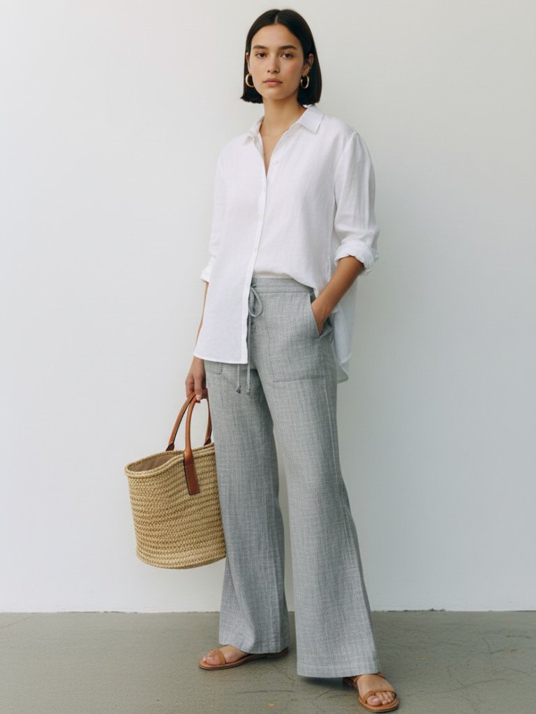 Level 99 Womens Linen Tencel Pants Size 28 Gray Wide Leg Drawstring
